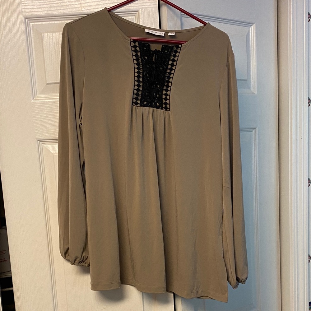 Susan Graver Taupe Blouse with Black Lace Detail